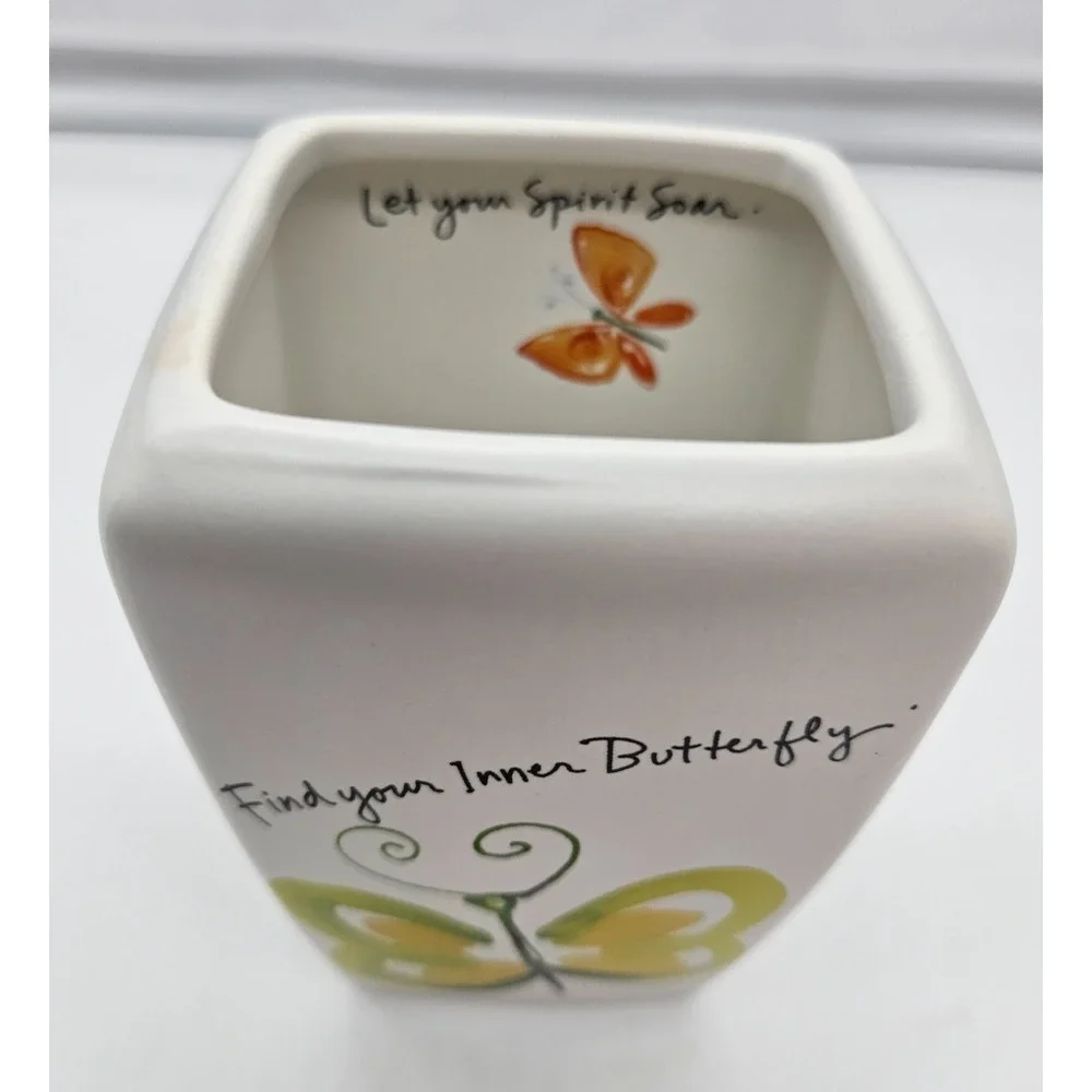 Square Ceramic Vase‎ White Butterfly Quote Decor Home Accent